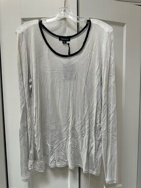 Trouve White Long-Sleeve Scoop Neck Top with Black LeatherTrim